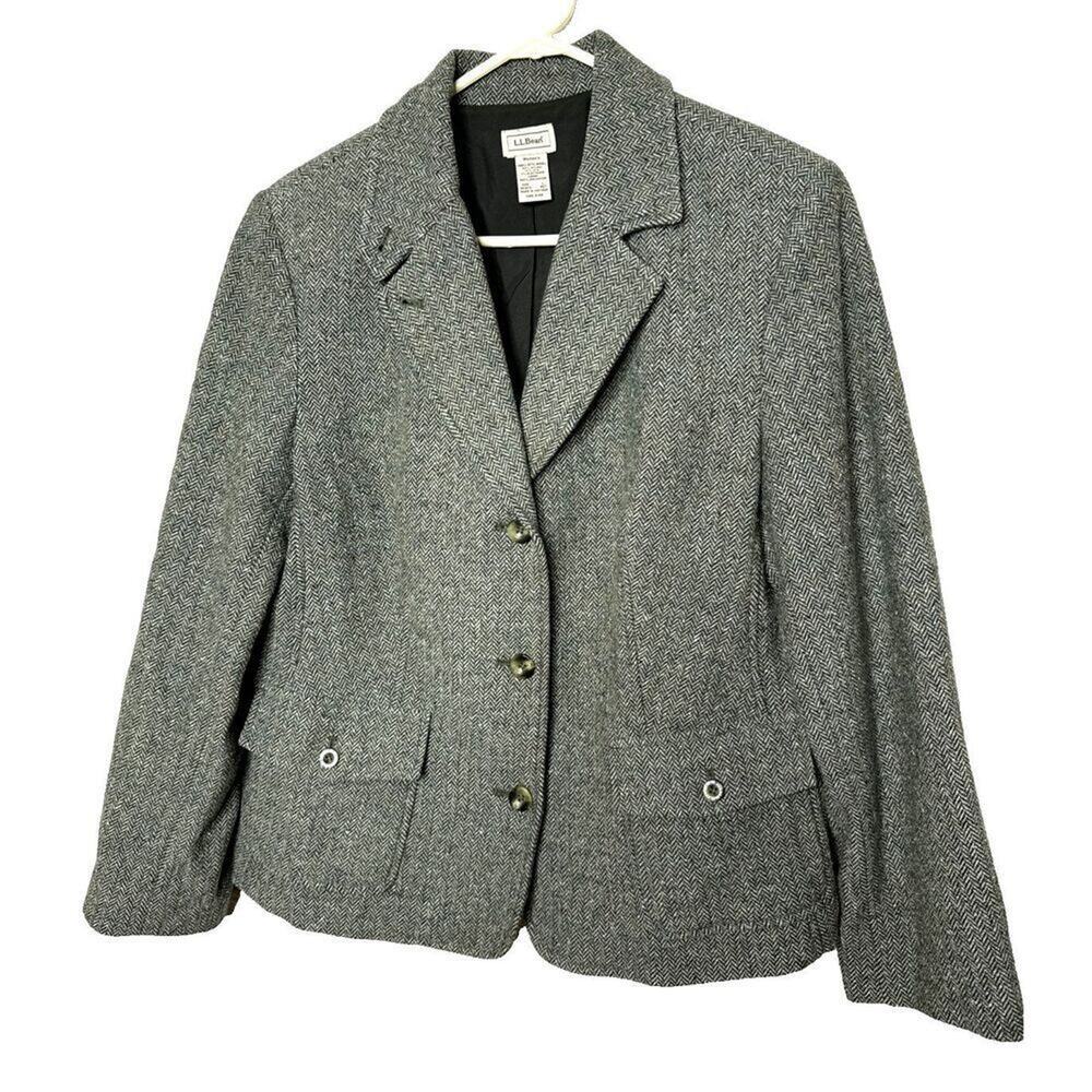 L.L. Bean Blazer Womens L Petite Green Herringbone Tweed Jacket Preppy Wool Silk